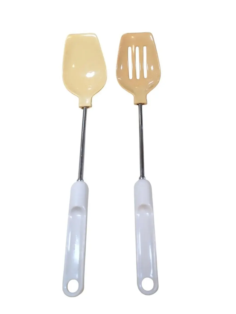 2 Vintage Unbranded Ekco-like Melamine Slotted Spoons Cream Colored
